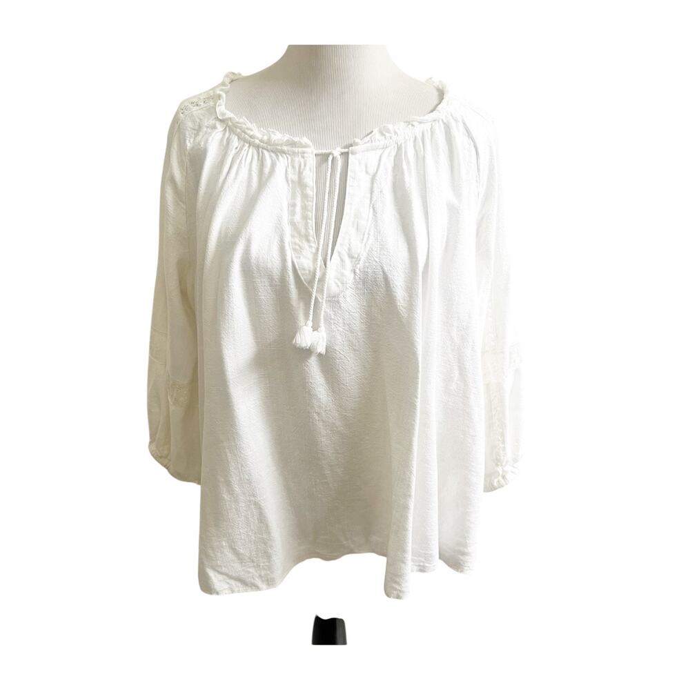 Spell & The Gypsy Blouse Women's Large White Linen Tassel Ties Bohemian Peasant